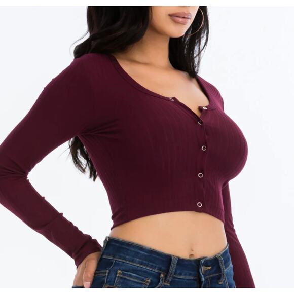 Capella Crop Top Large Burgundy Snap Button Jersey Rib Knit Stretch Casual New - Picture 4 of 7